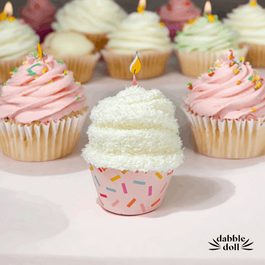 Dabble Doll birthday cupcake socks gift designed to look like a cupcake with a candle on top