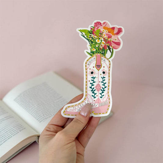 Die cut bookmark in the shape of a flower-filled cowboy boot with vibrant designs