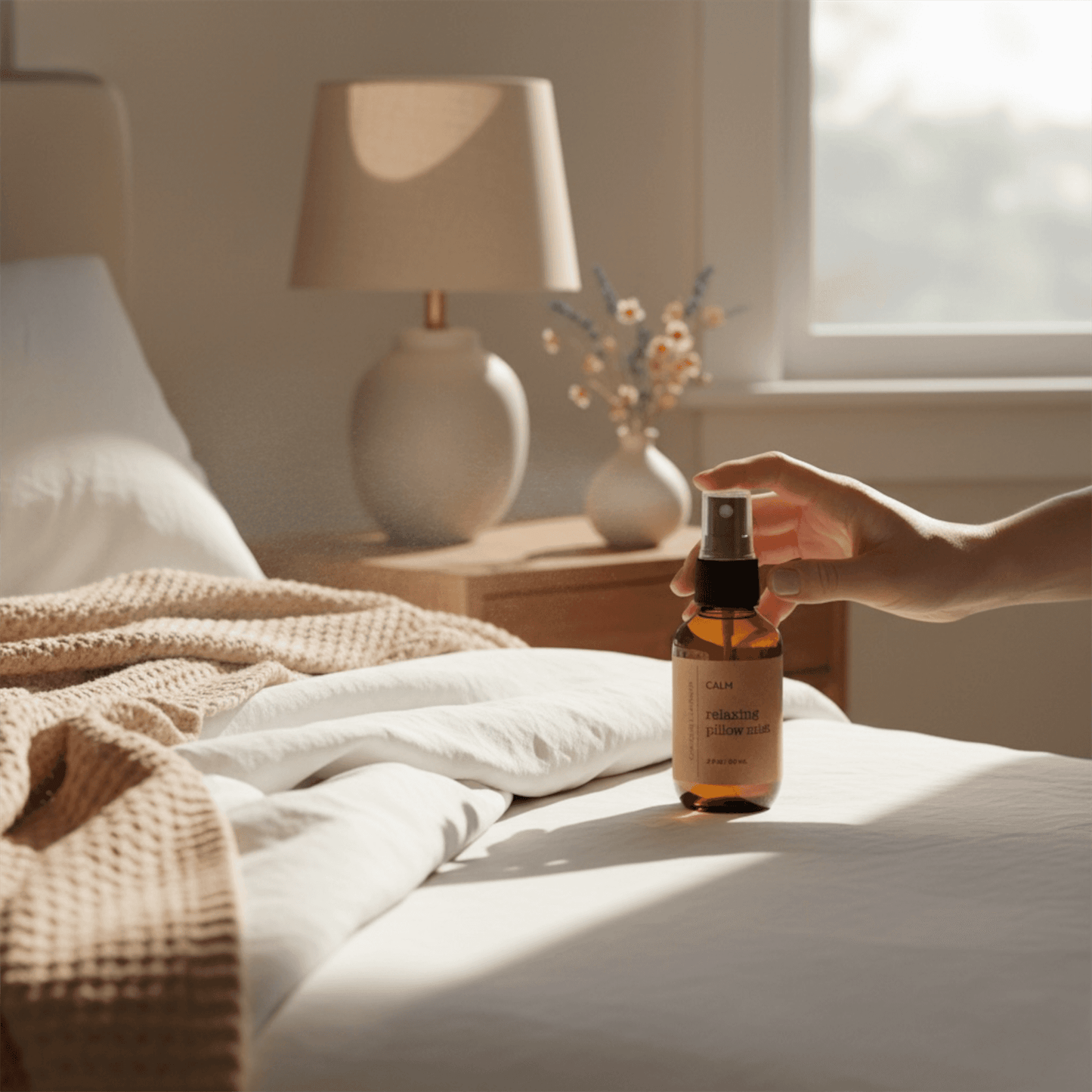 Hand holding a bottle of serum on a bed with a lamp and flowers in the background