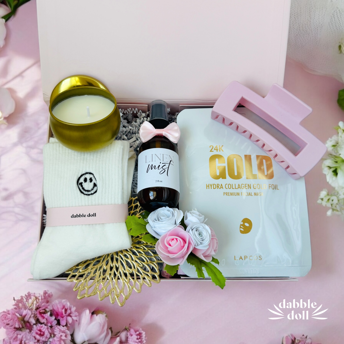 Smiley socks gift box care package for women grief sending hugs gift basket with spa sheet mask candle LAPCOS facial sheet mask and luxury linen spray pillow mist self care hygge gift for girlfriend wife best friend mother anniversary valentine and galentine gift