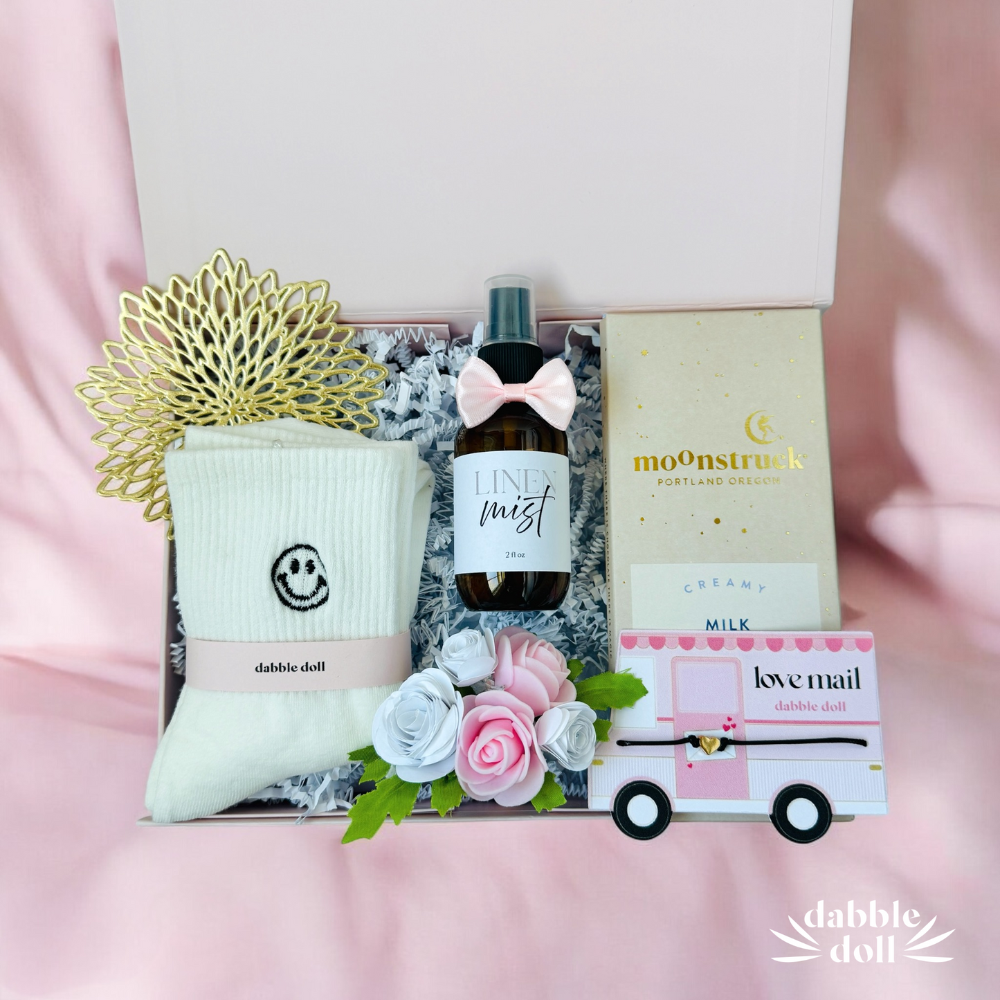Love mail gift box curated gift basket for women cute valentine Galentine thinking of you gift set for her with chocolate and smiley face emoji socks