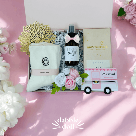 Love mail gift box curated gift basket for women cute valentine Galentine thinking of you gift set for her with chocolate and smiley face emoji socks