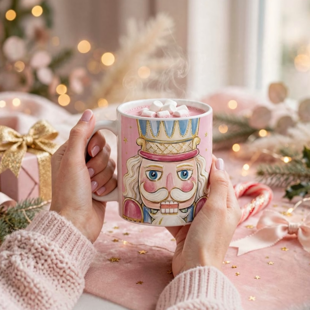 Pink watercolor nutcracker Christmas mug with steaming pink hot cocoa and marshmallows on pink velvet background