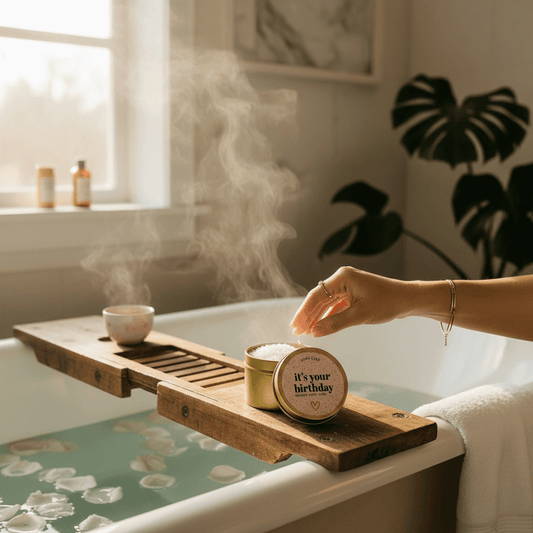 Dabble Doll Birthday Gift Box with scented candle and bath essentials for a relaxing spa experience