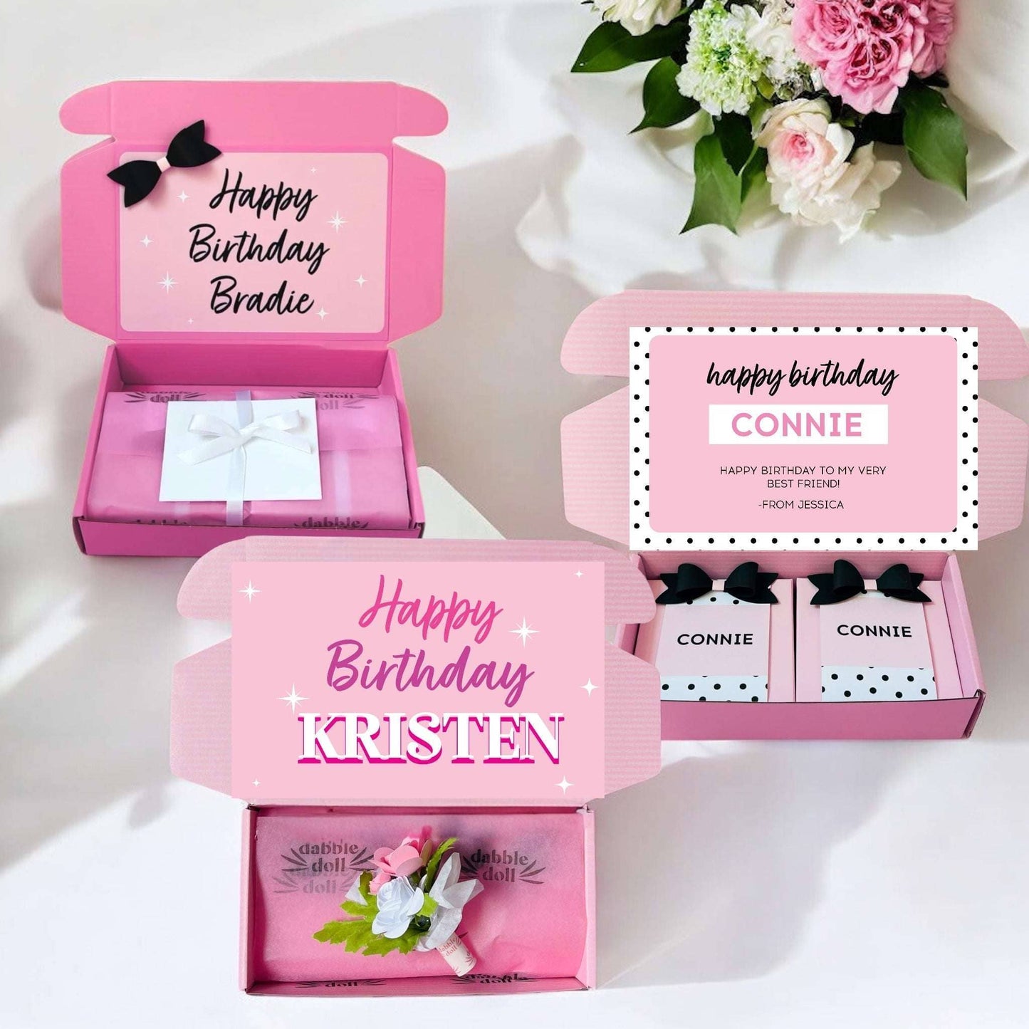 Pink Dabble Doll Gift Box for a Birthday gift featuring personalized messages and decorative elements