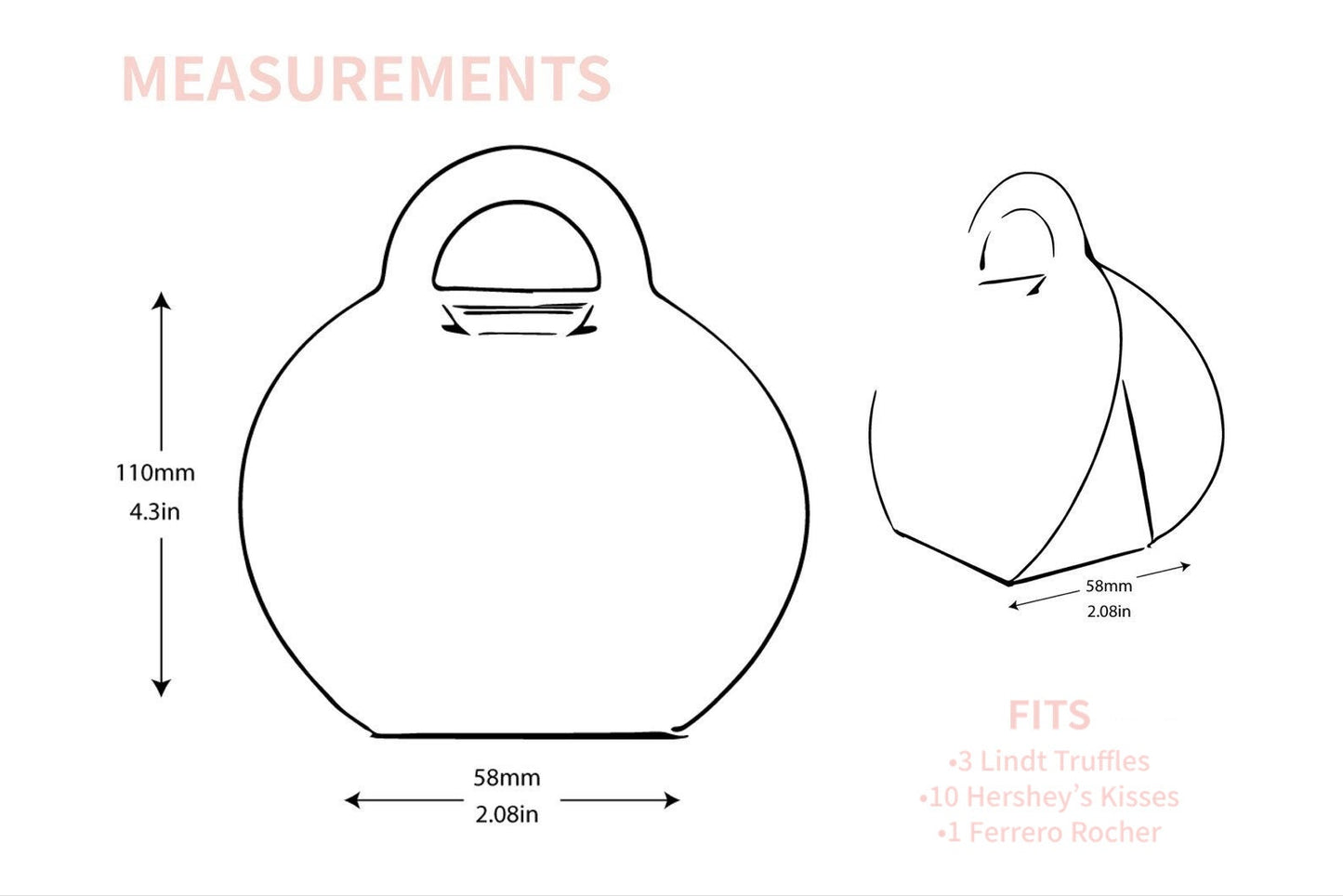 Dimensions and measurements diagram of black purse favor bags showing height and width in millimeters and inches