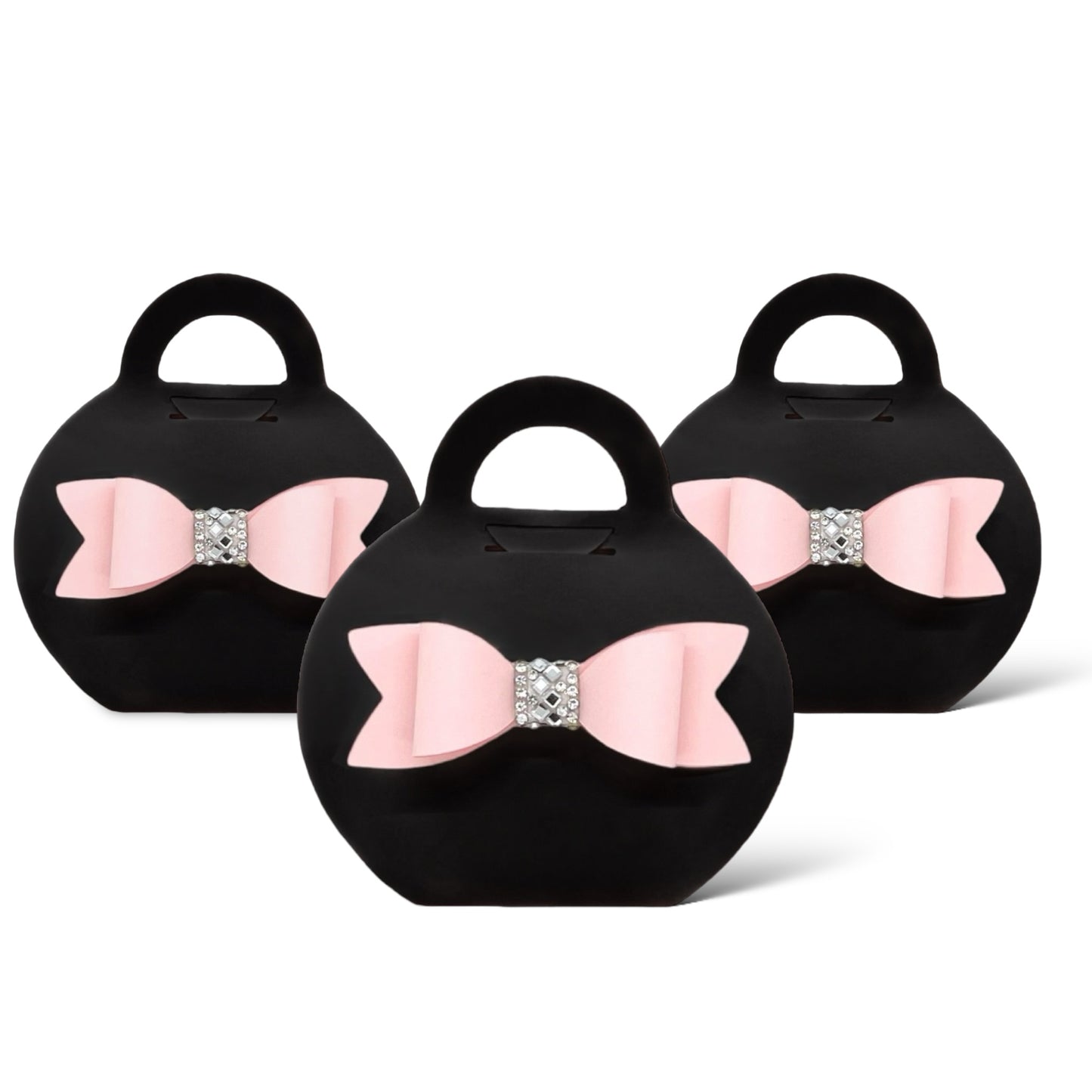 Dabble Doll black purse favor bags with pink bow and rhinestone detail for party gifts
