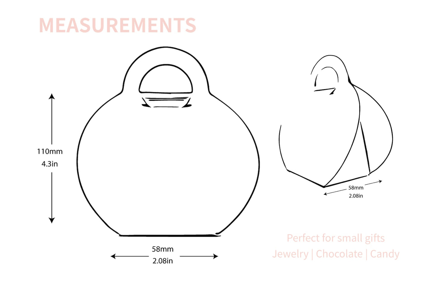 Diagram showing measurements of blush purse favor bags by Dabble Doll for small gift packaging