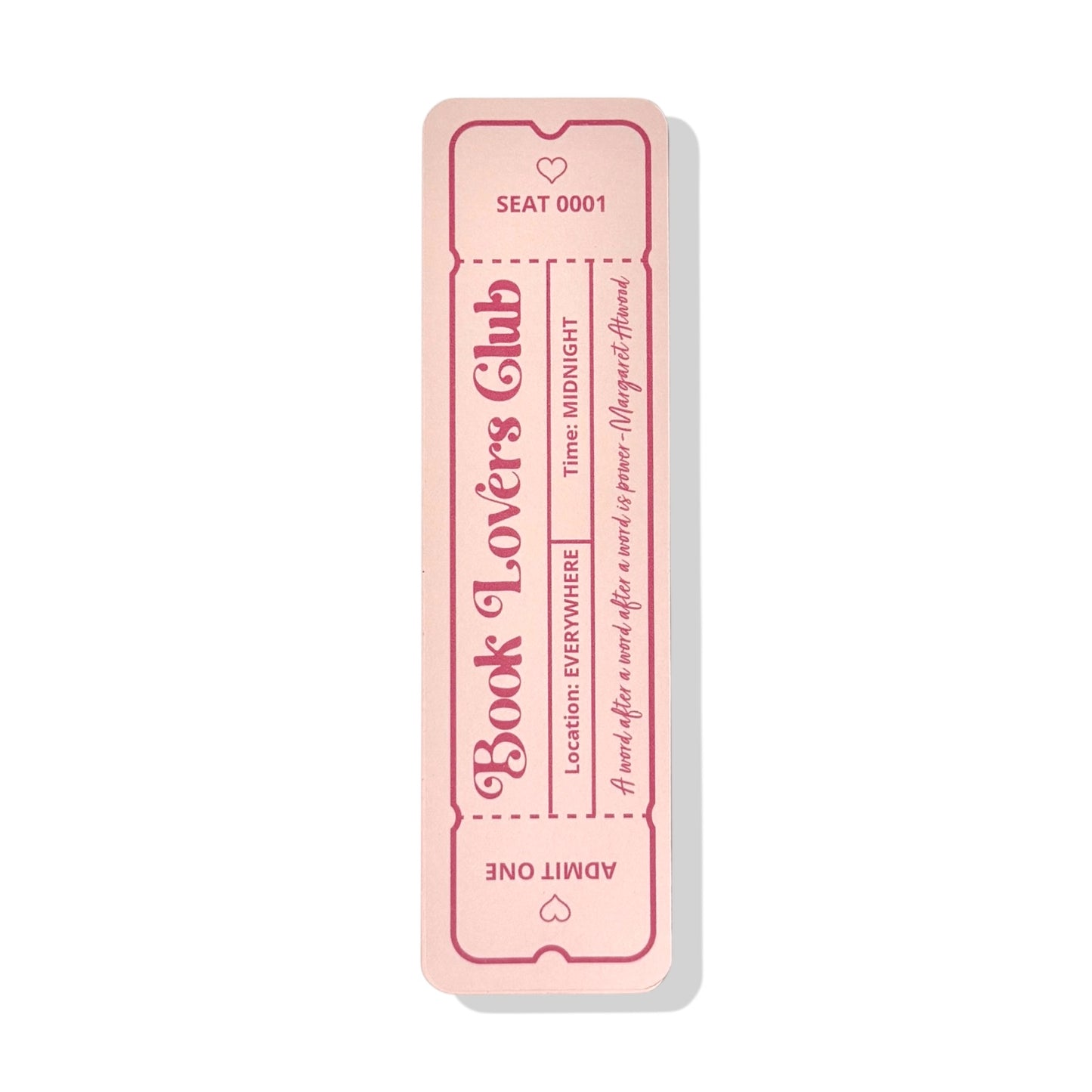 Dabble Doll Book Lovers Club bookmark in pink with details about location and time