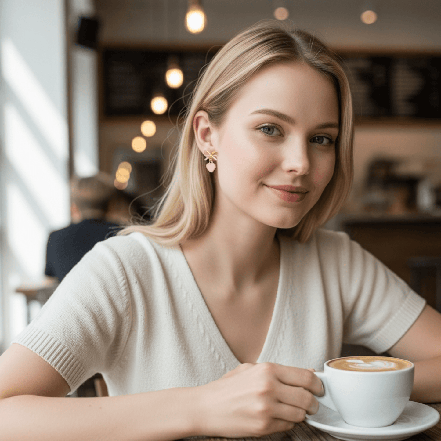 Dabble Doll stylish bow earrings worn by a young woman in a café setting