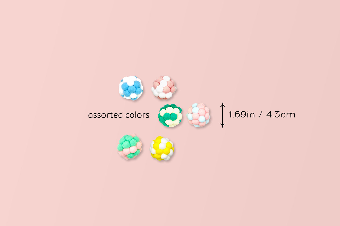 Dabble Doll cat plush toy balls in assorted colors measuring 1.69 inches each on pink background