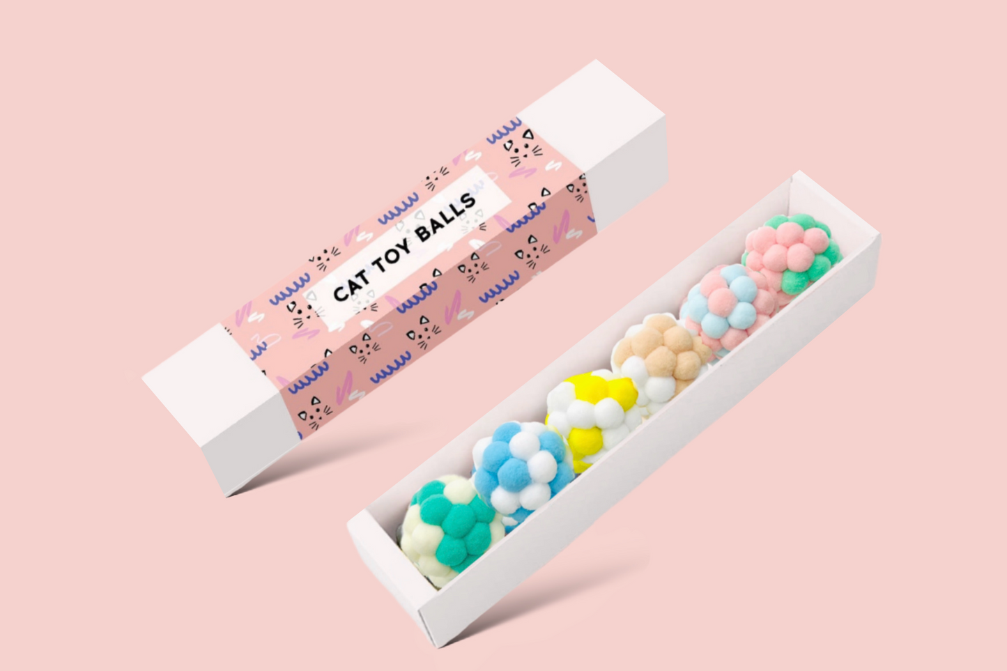 Dabble Doll cat plush toy balls set in pastel colors packaged in a white box with pink label