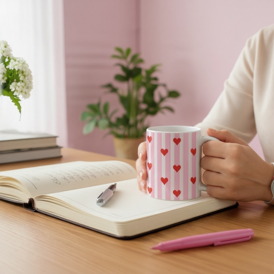 Dabble Doll ceramic mug with pink and red heart pattern, ideal for coffee lovers and cozy moments