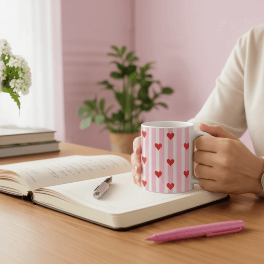 Dabble Doll ceramic mug with pink and red heart pattern, ideal for coffee lovers and cozy moments