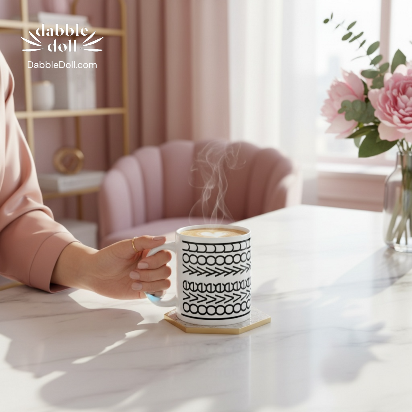 Dabble Doll Gift Box featuring a stylish coffee mug with decorative patterns and steam rising