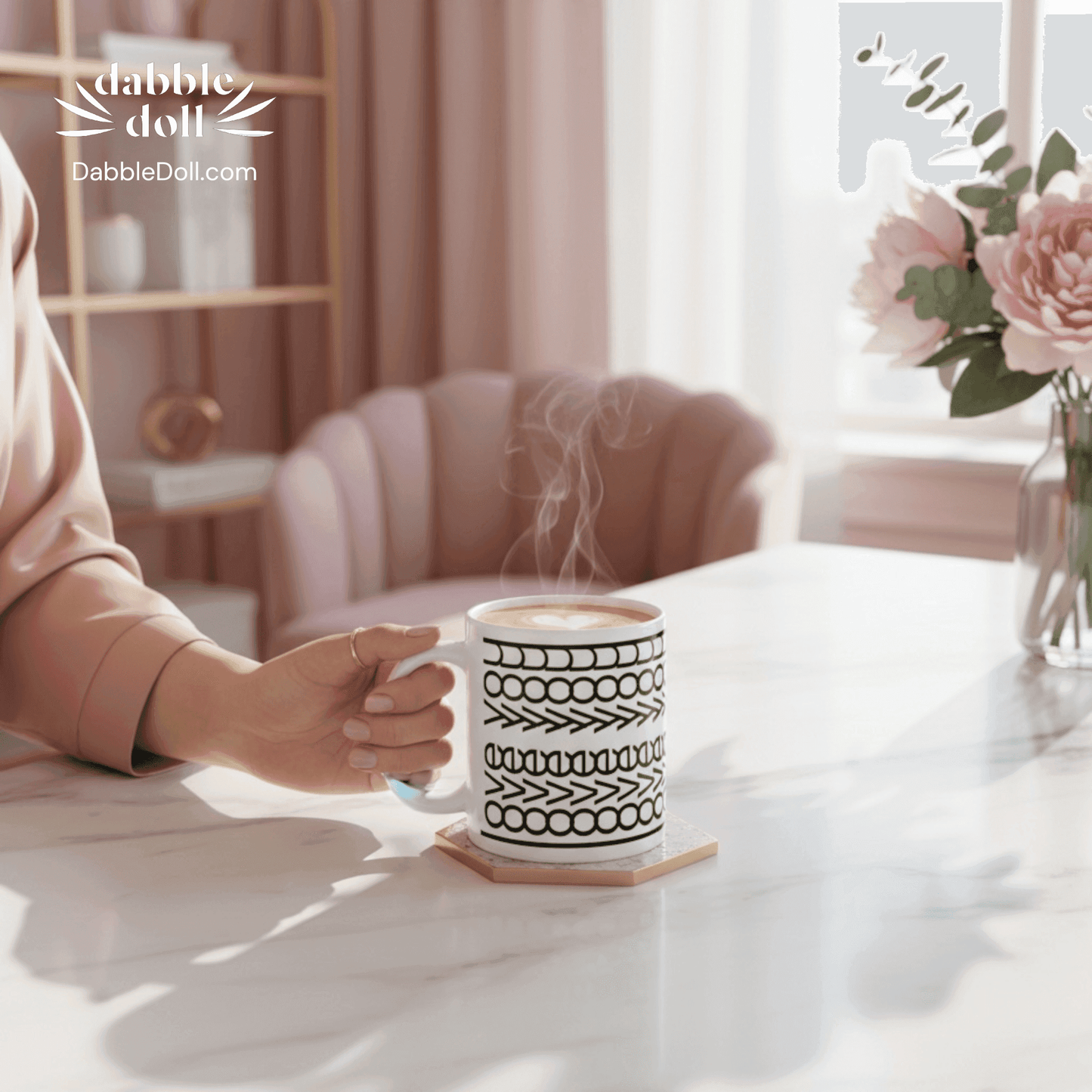 Dabble Doll Gift Box featuring a stylish coffee mug with decorative patterns and steam rising