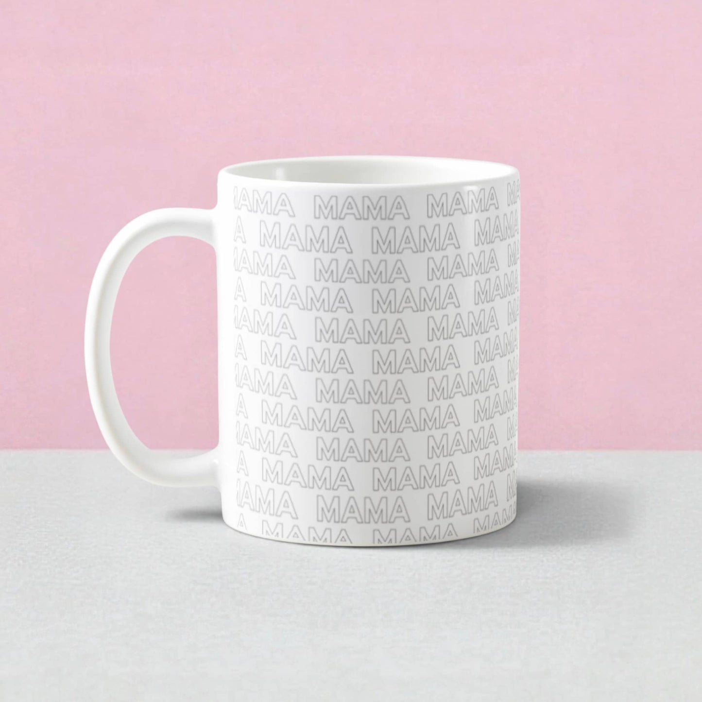 White coffee mug with repeated 'MAMA' text design, perfect for Mother's Day gifts
