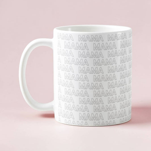 Dabble Doll white coffee mug featuring repeated 'MAMA' text design for moms