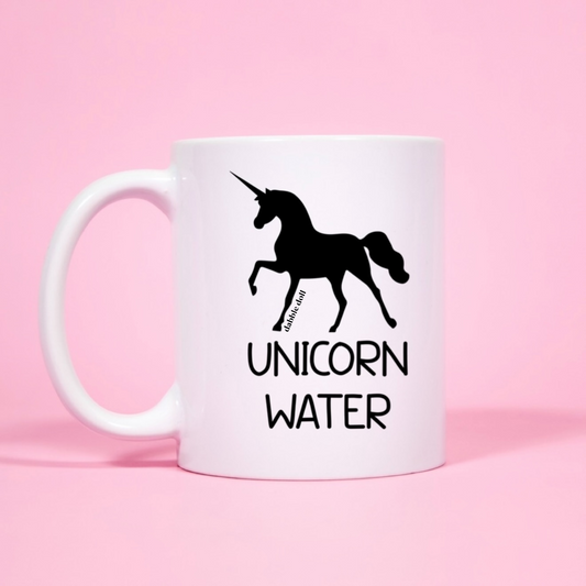 Dabble Doll Coffee Mug featuring a unicorn design and the text Unicorn Water for unique gift ideas