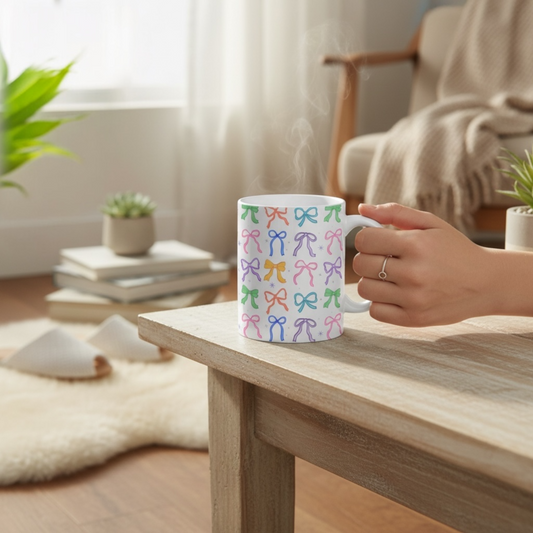 Dabble Doll Coquette mug with colorful bow design, perfect for enjoying hot beverages at home