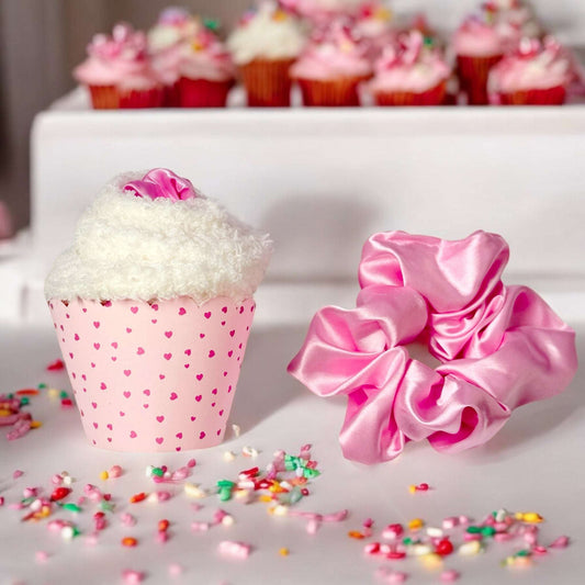 Dabble Doll cupcake socks gift set in pink heart cupcake box with pink satin scrunchie and colorful sprinkles