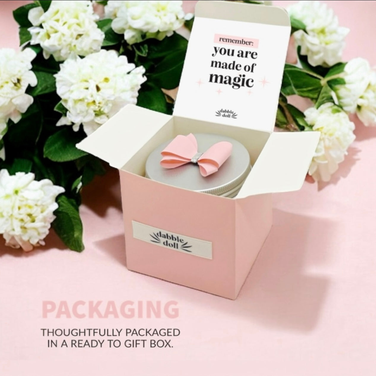 Dabble Doll Affirmations Gift Box in Soft Pink with Bow, Perfect for Girls and Women