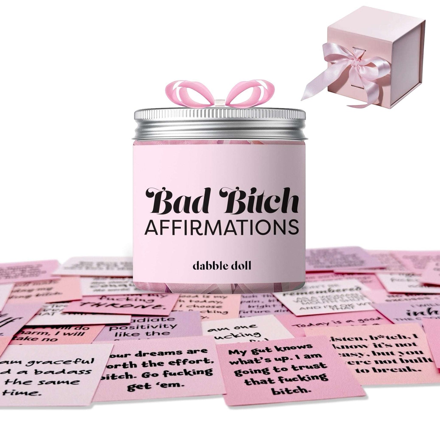 Dabble Doll badass bitch motivational jar in pink with uplifting affirmation cards and matching gift box