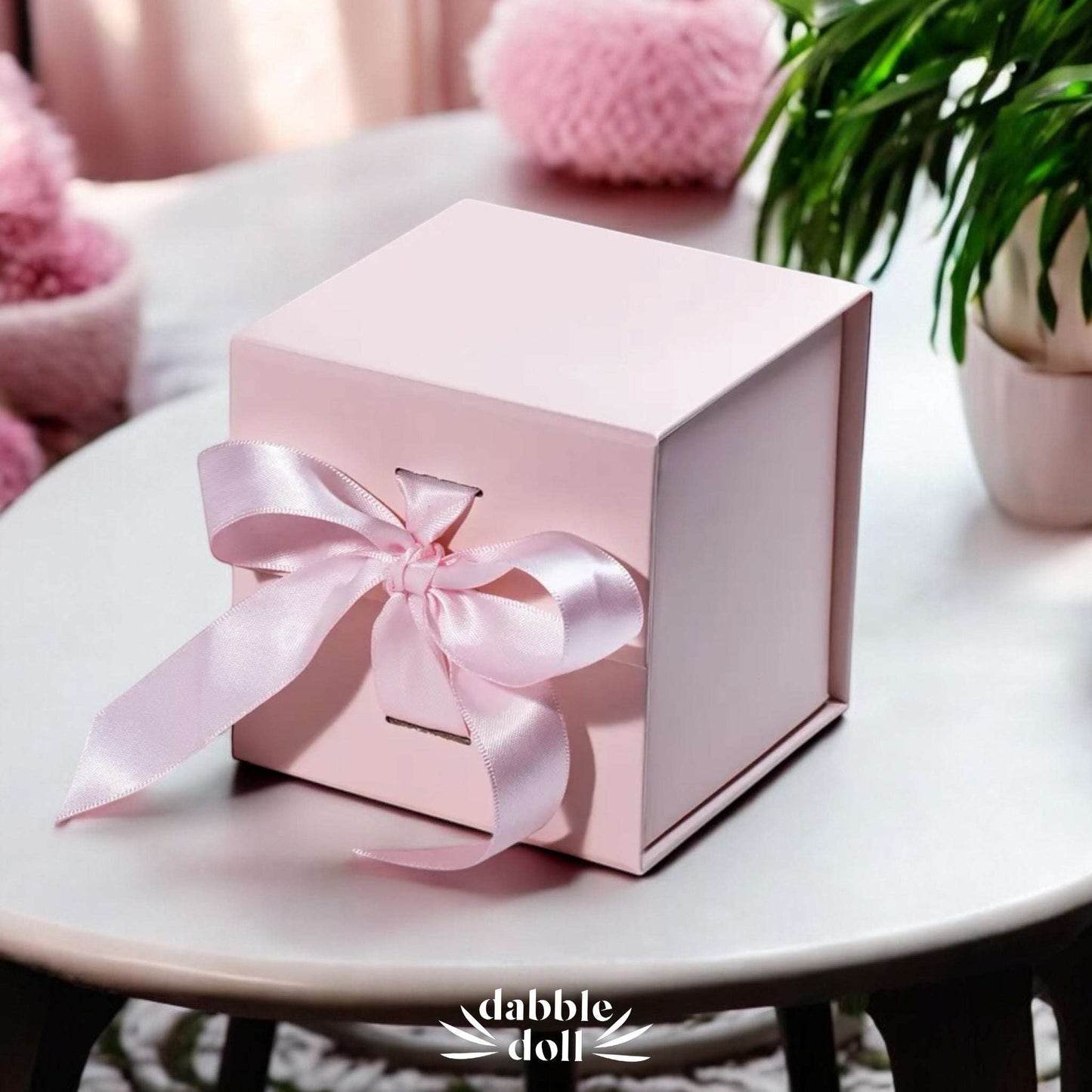 Dabble Doll pink gift box with satin ribbon for badass bitch motivational jar packaging