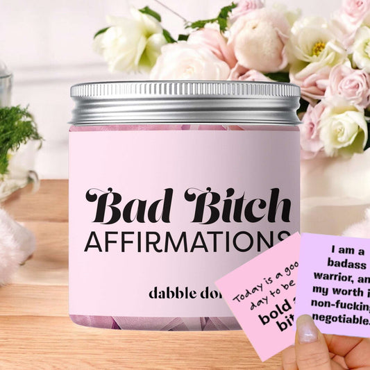 Dabble Doll badass bitch motivational jar gift box with pink label and motivational affirmation cards