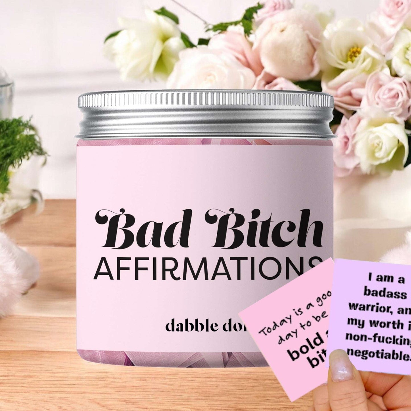 Dabble Doll badass bitch motivational jar gift box with pink label and motivational affirmation cards