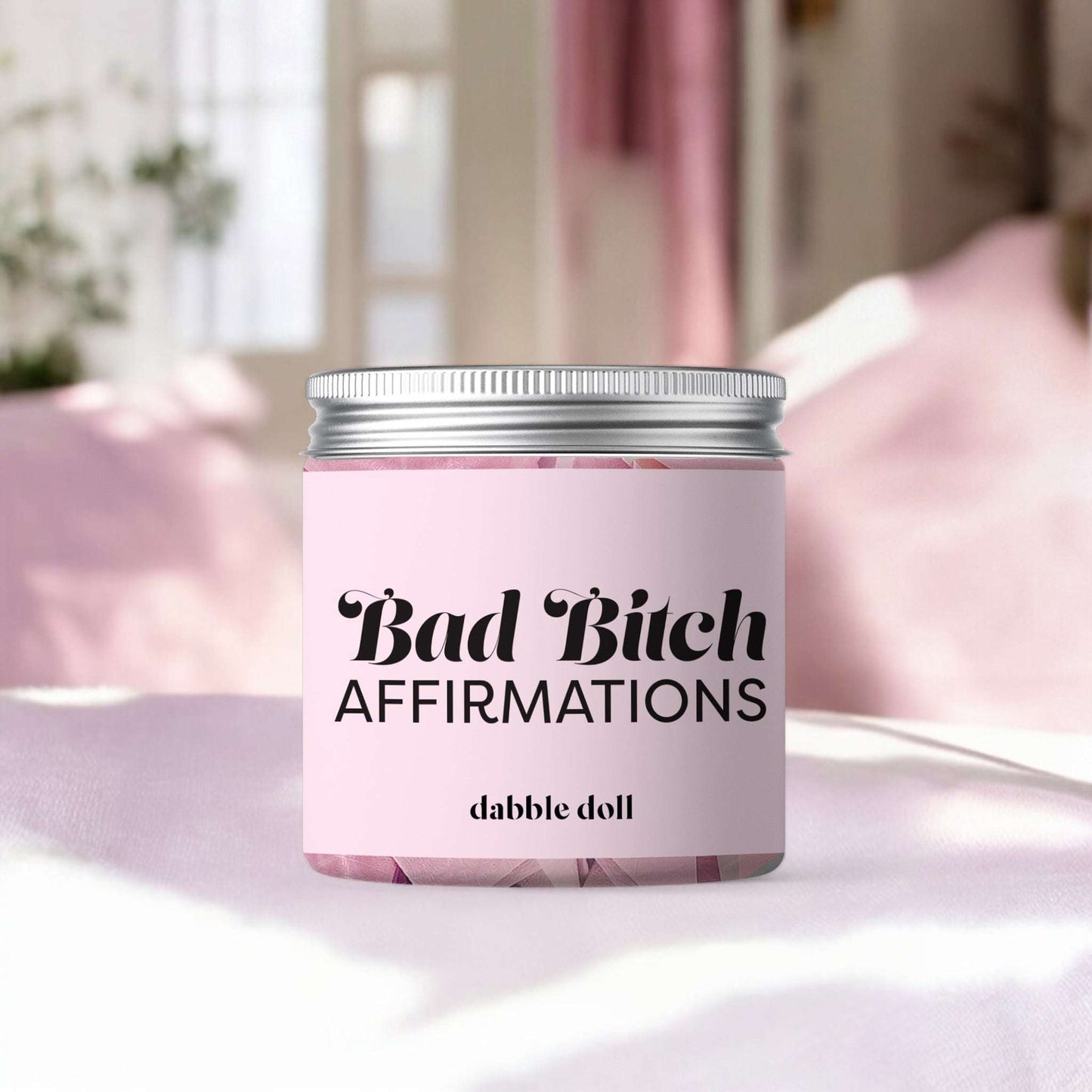 Dabble Doll badass bitch motivational jar gift box with pink label and silver lid for daily affirmations