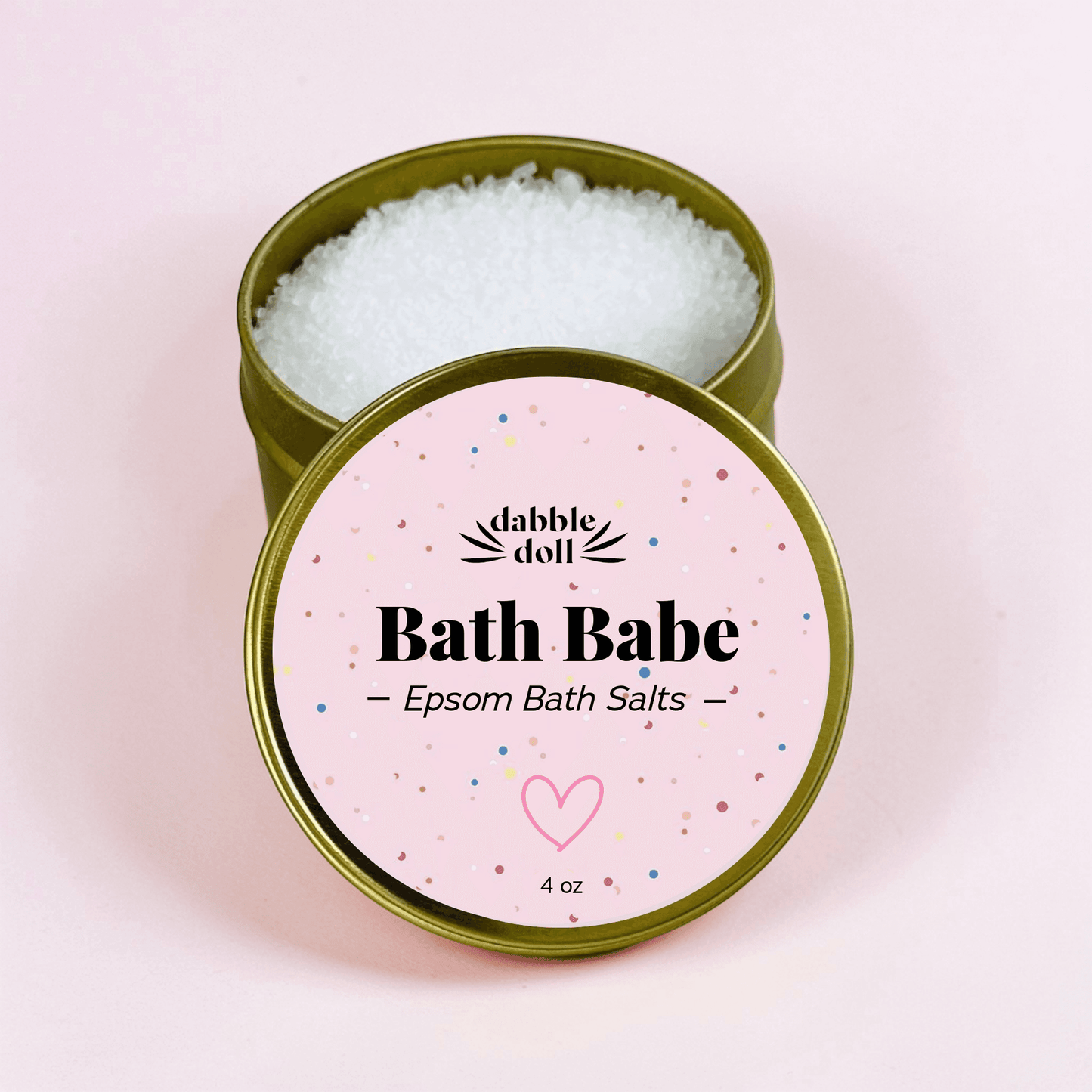 Dabble Doll Bath Babe Epsom Bath Salts 4 oz with pink label and heart design