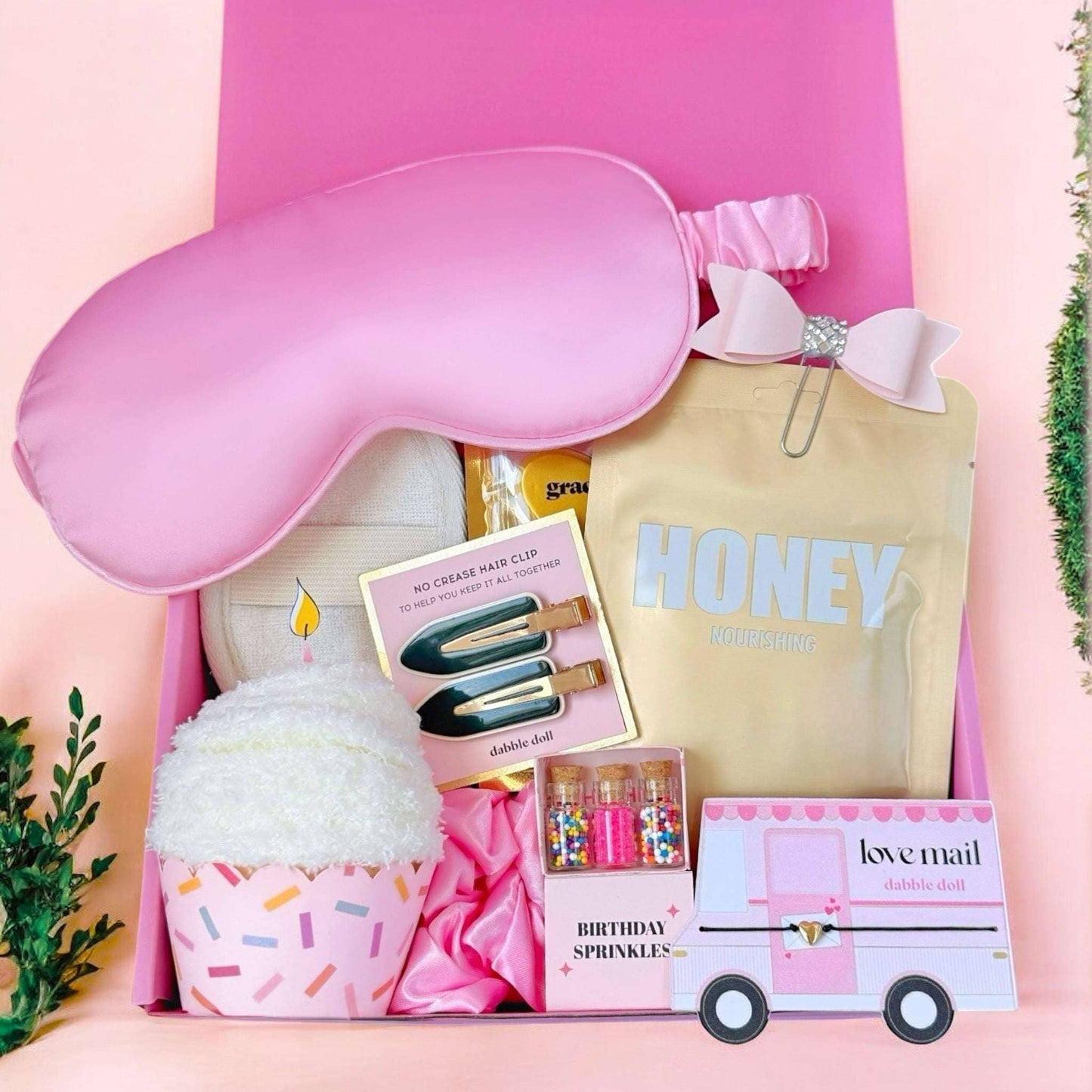 Dabble Doll Birthday Gift Box with Eye Mask, Honey Scrub, and Fun Accessories