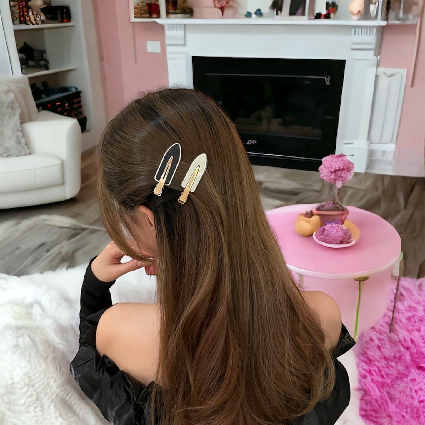 Dabble Doll black no bend hair clips and beige hair clip securing long brown hair indoors