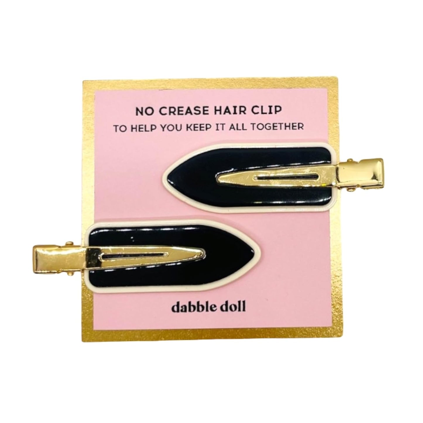Dabble Doll black and gold creaseless hair clips on pink and gold card set of two