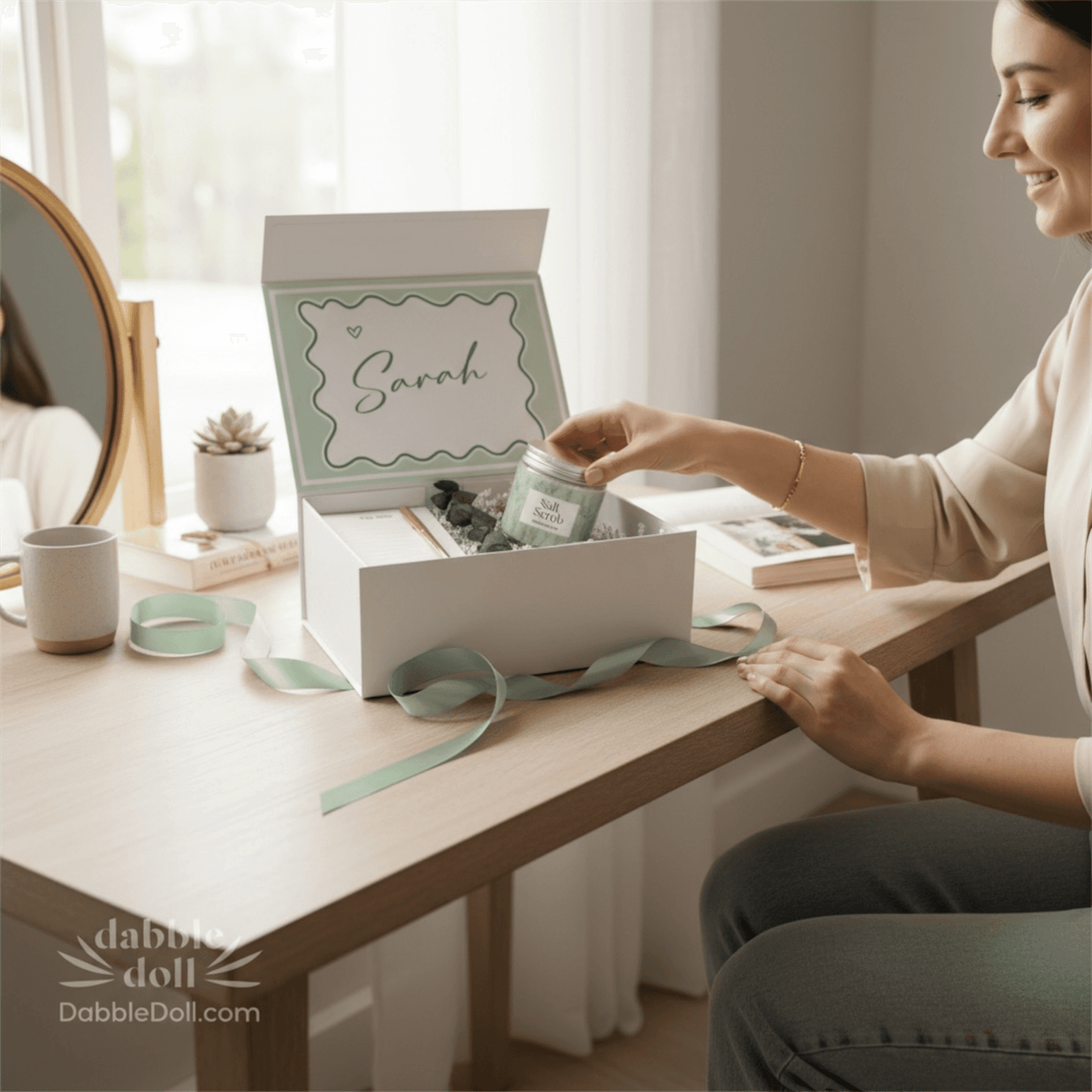 Dabble Doll personalized gift box with green ribbon, showcasing special items for a thoughtful present