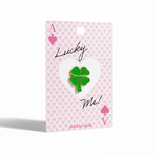 Dabble Doll Lucky Me Four Leaf Clover Pin on Pink Heart Card, a perfect good luck gift