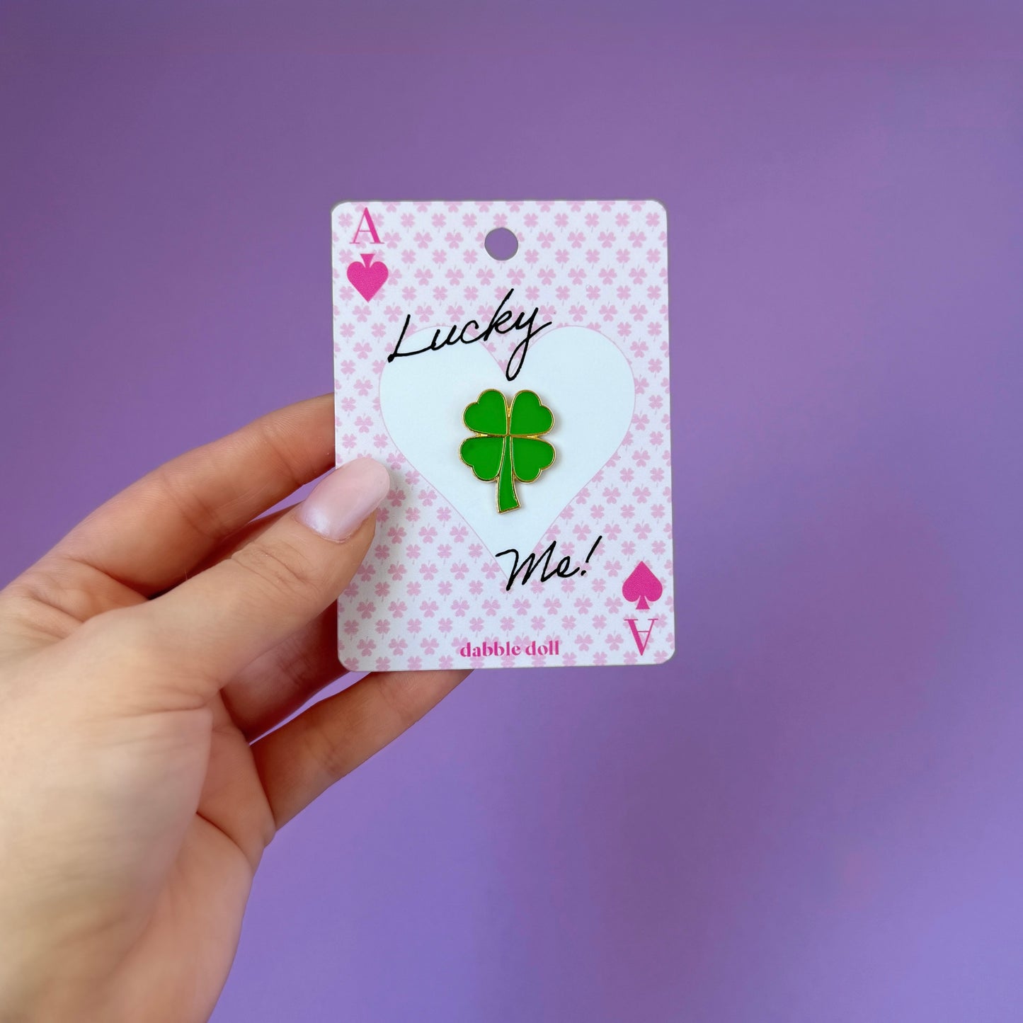 Dabble Doll Lucky Me Shamrock Pin on Card, perfect as a good luck gift for friends and family