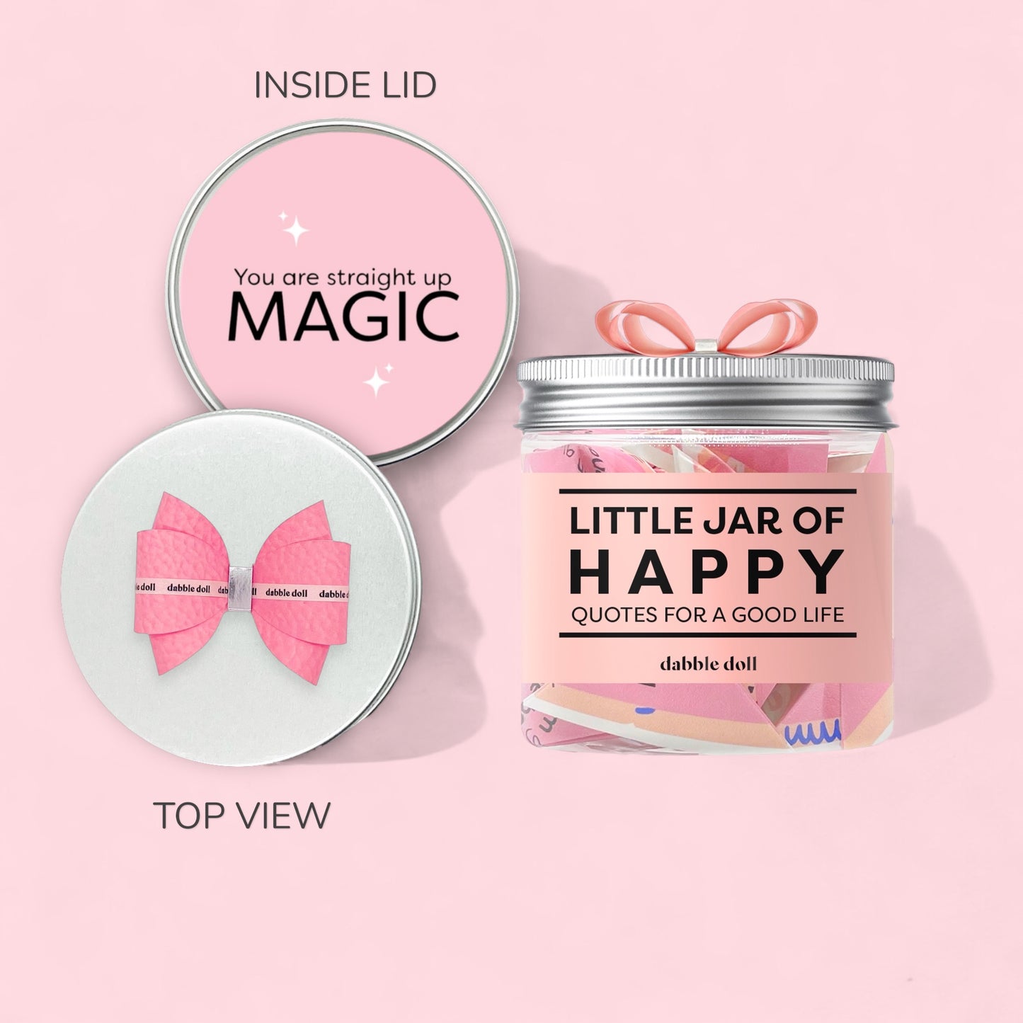 Dabble Doll happy jar gift box with pink bow and positive quotes inside lid