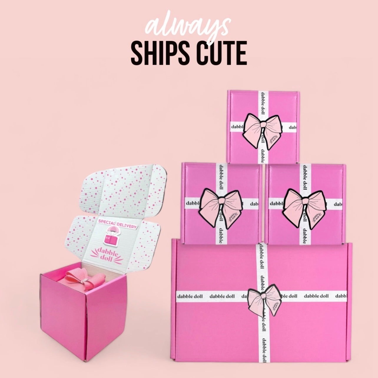 Dabble Doll pink gift boxes tied with ribbon featuring hot mess survival kit packaging