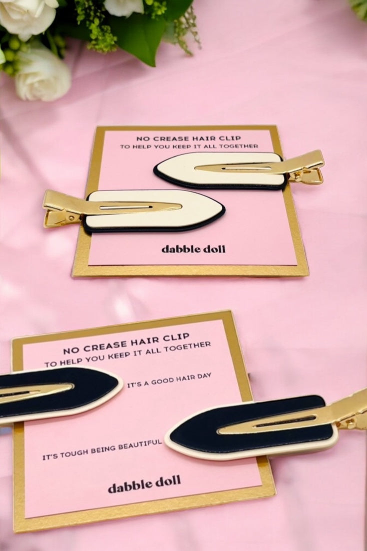 Dabble Doll no crease hair clips included in hygge gift box for her with stylish black and white design