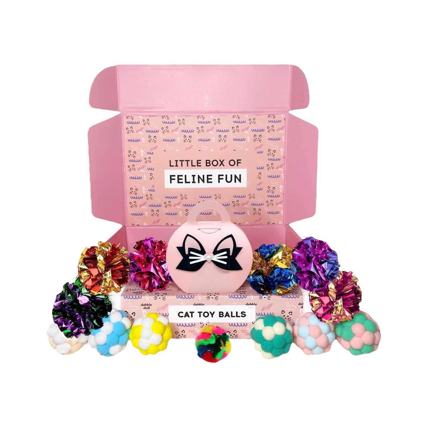 Dabble Doll luxury cat toy gift box with colorful cat toy balls and shiny crinkle toys in pink packaging