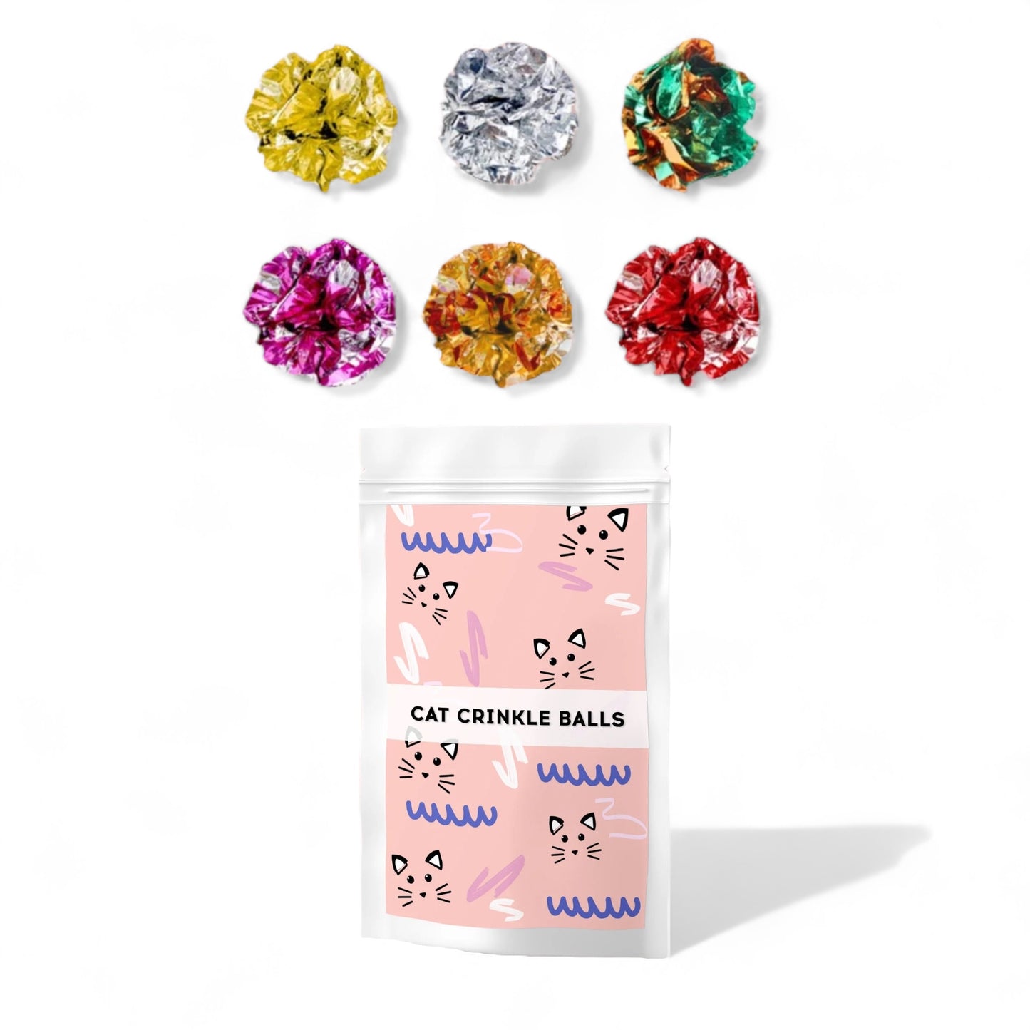 Dabble Doll luxury cat toy gift box with colorful cat crinkle balls in a pink patterned pouch