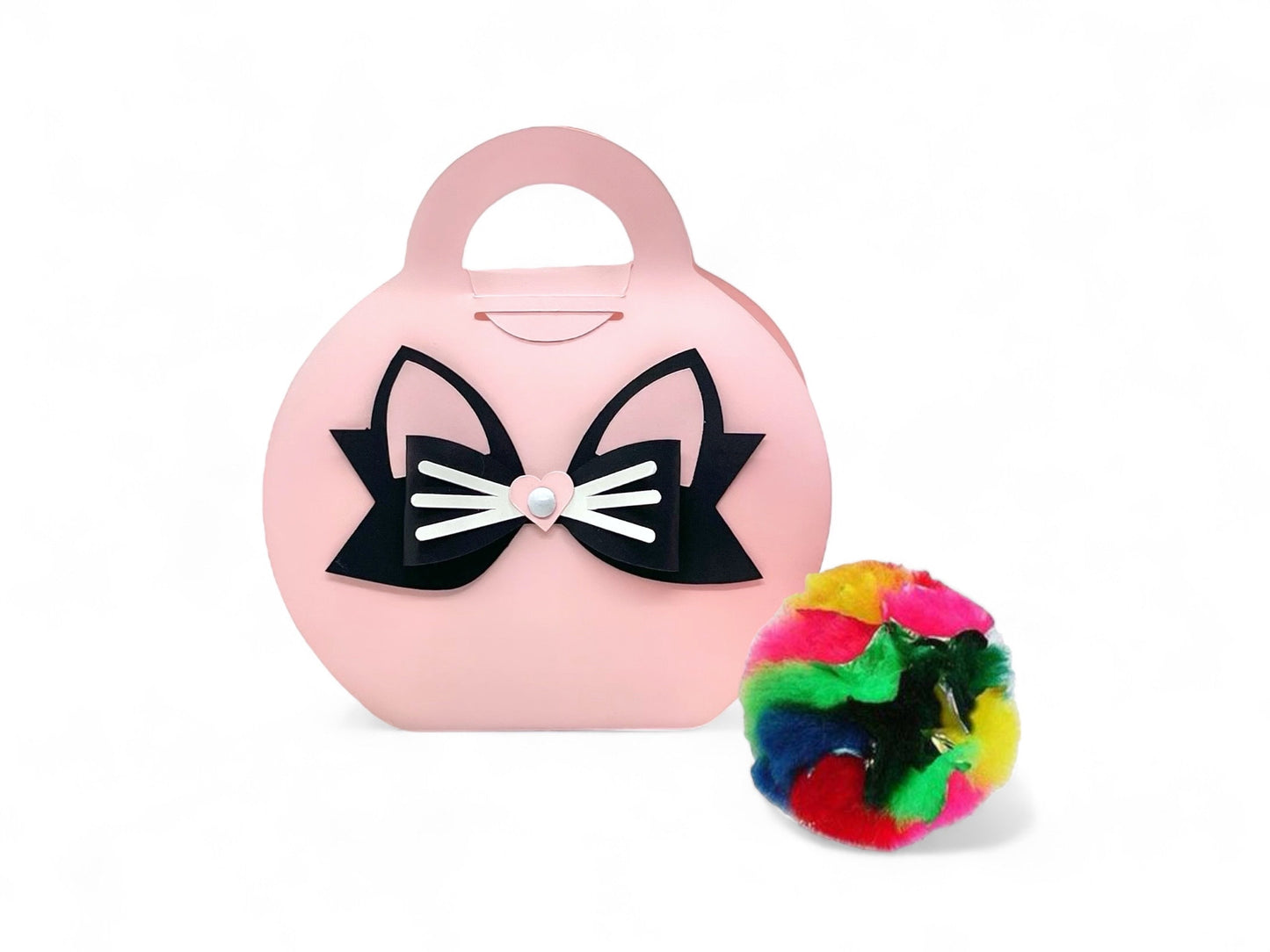 Dabble Doll luxury cat toy gift box with pink cat-ear design and colorful fuzzy ball toy