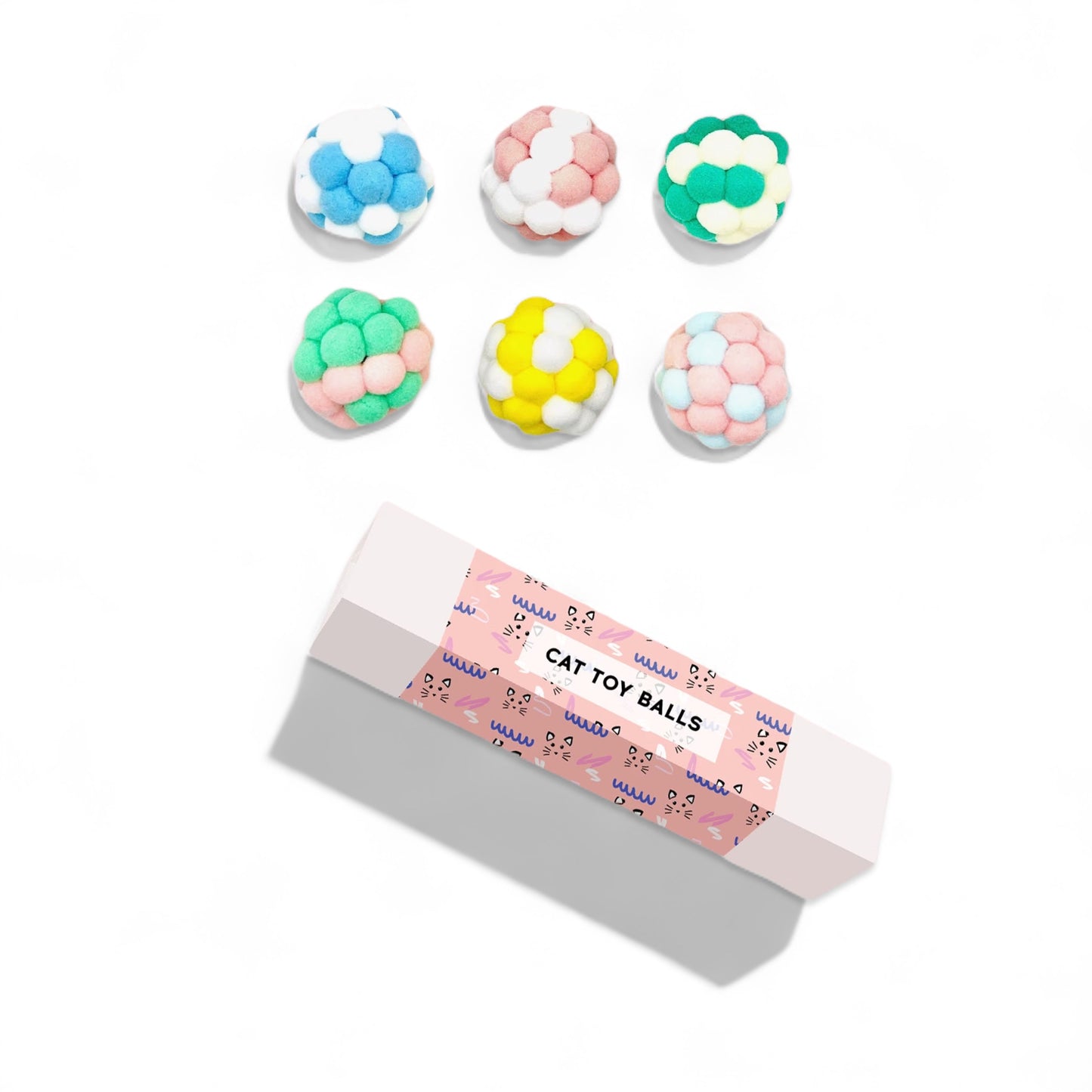Dabble Doll luxury cat toy gift box with colorful soft cat toy balls in pastel colors