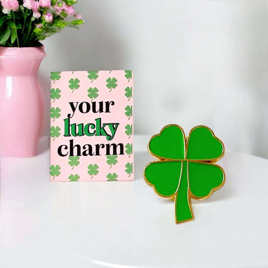 Mini Valentines gift box by Dabble Doll with green four-leaf clover pin and lucky charm card