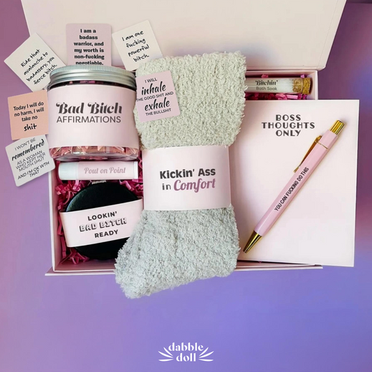 Dabble Doll motivational gift set for her with affirmations jar cozy socks pen and notebook in pink box