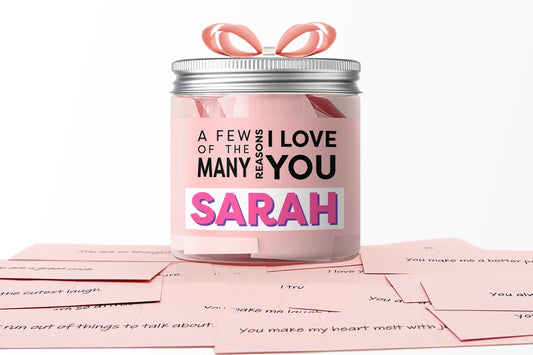 Dabble Doll gift box with personalized love note ideas featuring pink notes and ribbon jar
