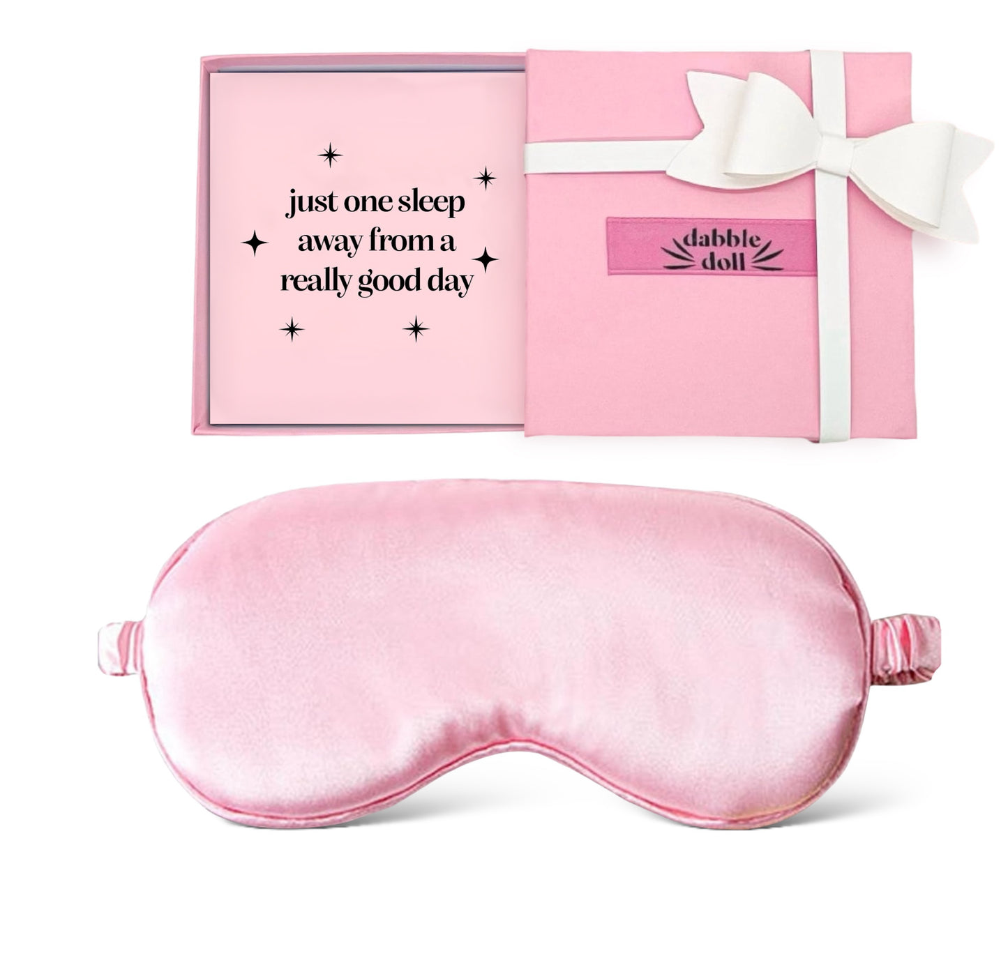 Dabble Doll pink silky sleep mask with matching pink gift box and white ribbon bow