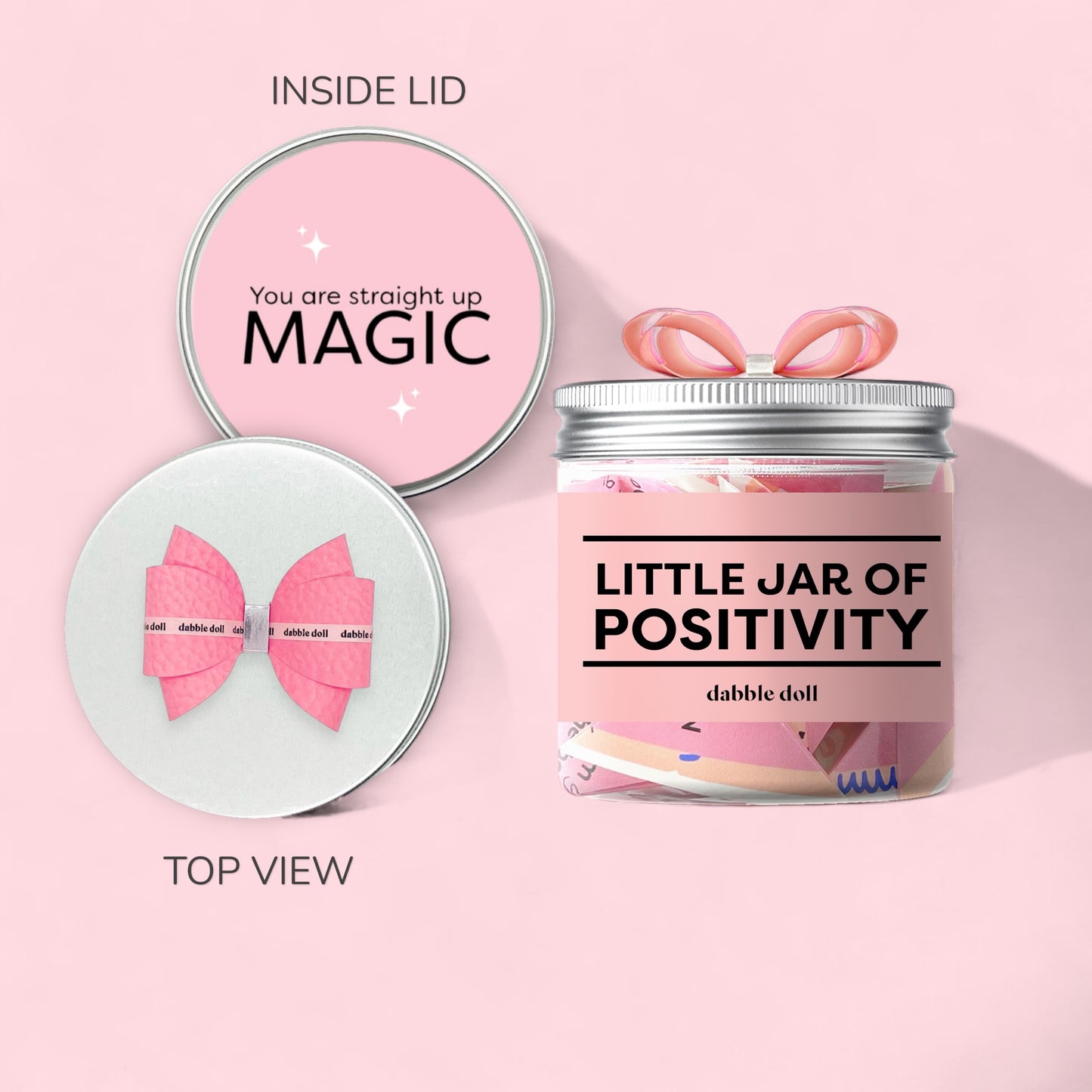 Dabble Doll little jar of positivity gift box with pink bow and positivity care package message inside lid